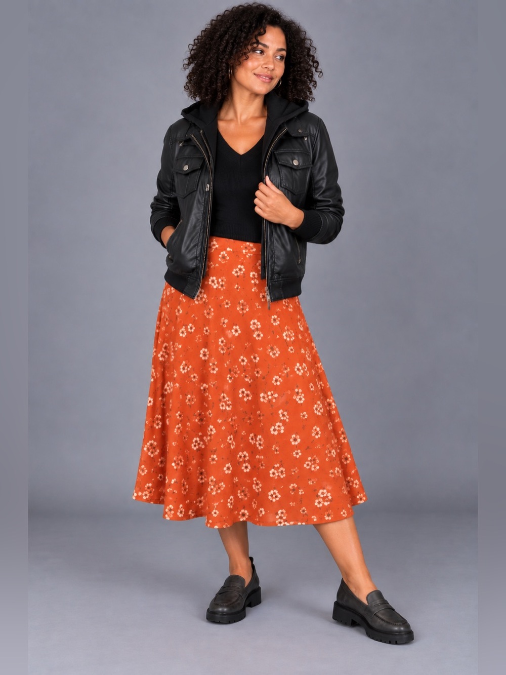 Orange Floral Midi Skirt XL A-Line Boho Fall Cottagecore